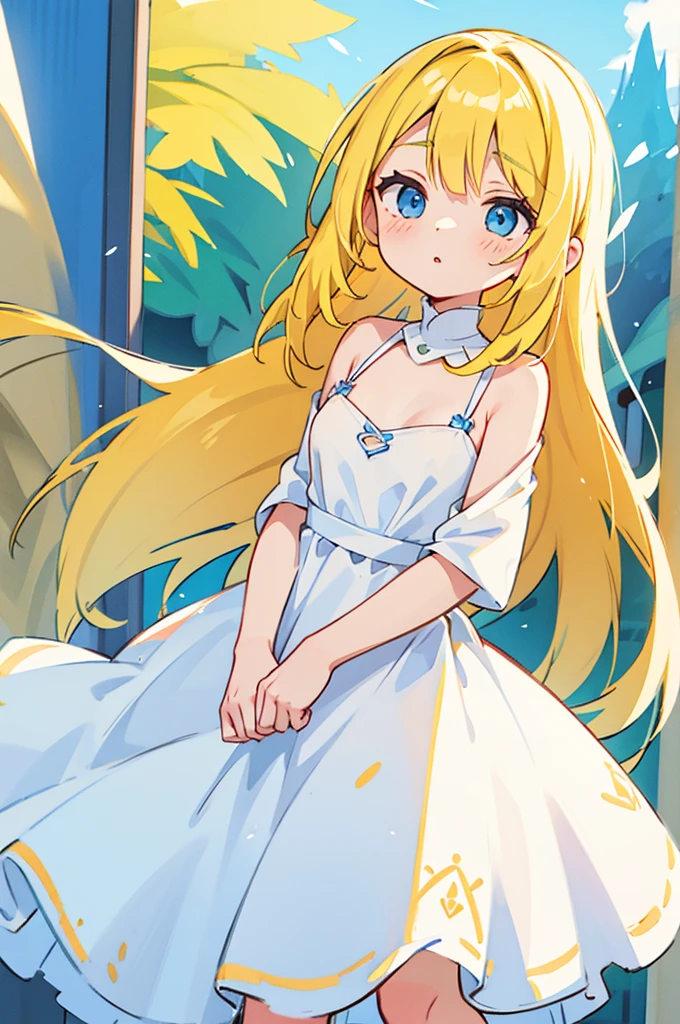 yellow hair, Blue Eyes, long hair, Adult Female , white dress, D cup