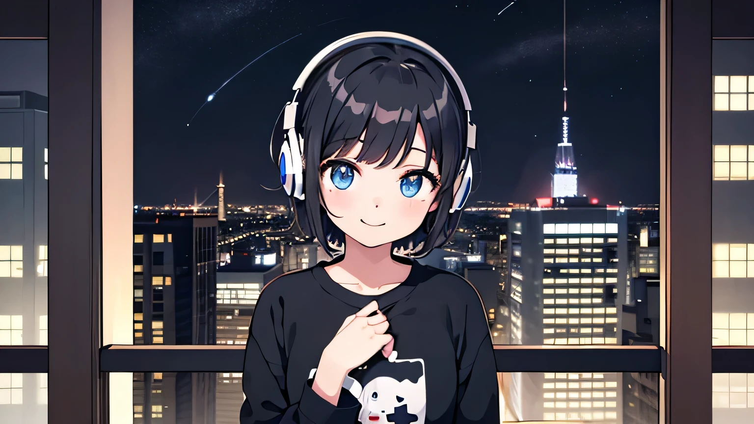 1girl, solo, blue eyes, (detailed eyes), gentle smile on her face flat chest, short hair, black hair, upper body, black and white sweatshirt ((masterpiece, illustration, best quality)) night, Star, Balcony of an urban apartment、Girl wearing headphones, late night , Listening to music alone, City Pop, high quality, Beautiful night view