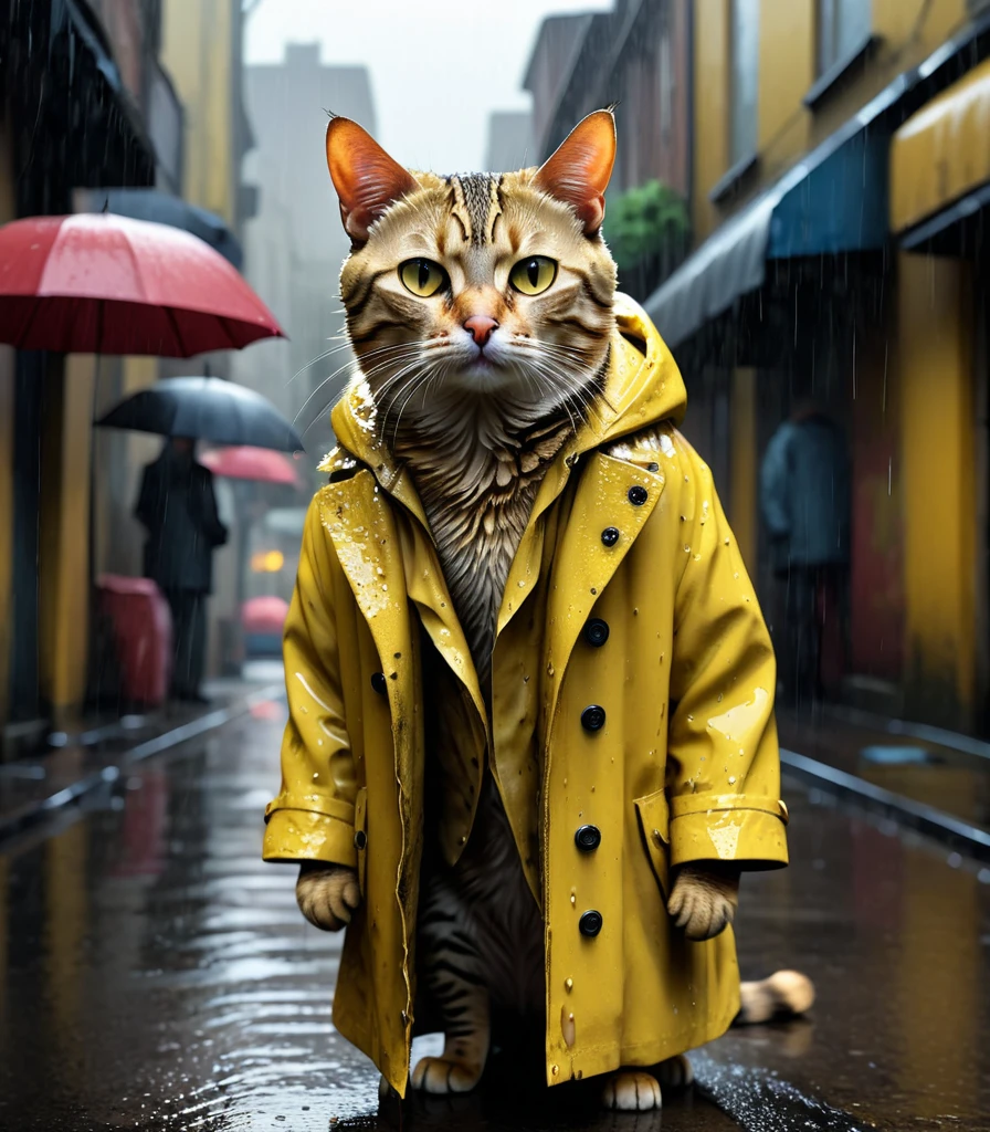 photorealistic portrait of dressed animals - a ((Skinny)) ((cat)) ((yellow) high quality,(sad),(dirty),intricate details, (the heavy rain wets him), Very detailed ((very torn coat)), soft lighting,(full body image:1.5),rainy street background,(seen from below:2.0),