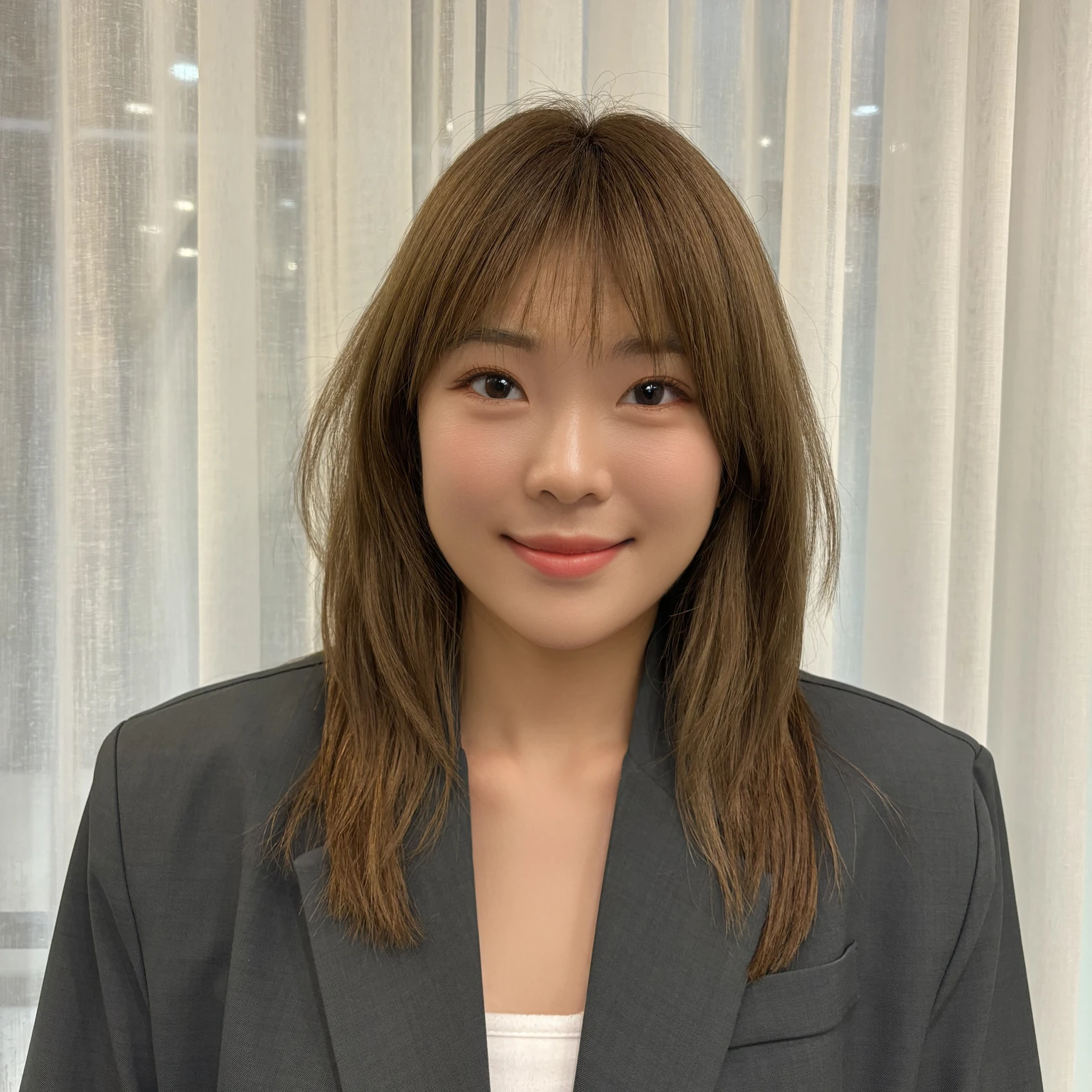 Best Quality, 8k, Masterpiece, (Portrait: 1.3), (photo realistic:1.4), (hyper realistic:1.4), Sharp Focus, looking at viewer, (smoother lighting:1.1), (increase cinematic lighting quality:0.9), realistic lighting, backlighting, light on face, ray trace, (brightening light:1.2), (Increase quality:1.4), sharp detail, (best quality real texture skin:1.4), finely detailed eyes, black_eyes, finely detailed face, 25 year old Korean woman, smiling_face