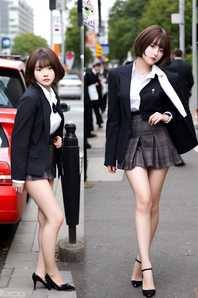 a 18 year old face of the most beautiful actress in the world, the perfect body proportions of a female, blazer is worn with formal shirt on female upper body, shirt skirt is worn with panties on female lower body, panties between bare legs under short skirt are seen just a little, the short hair cut of a female is just like male one, standing, at the city street, nsfw, best quality, highly detailed, masterpiece, ultra high res, photo realistic, 8k