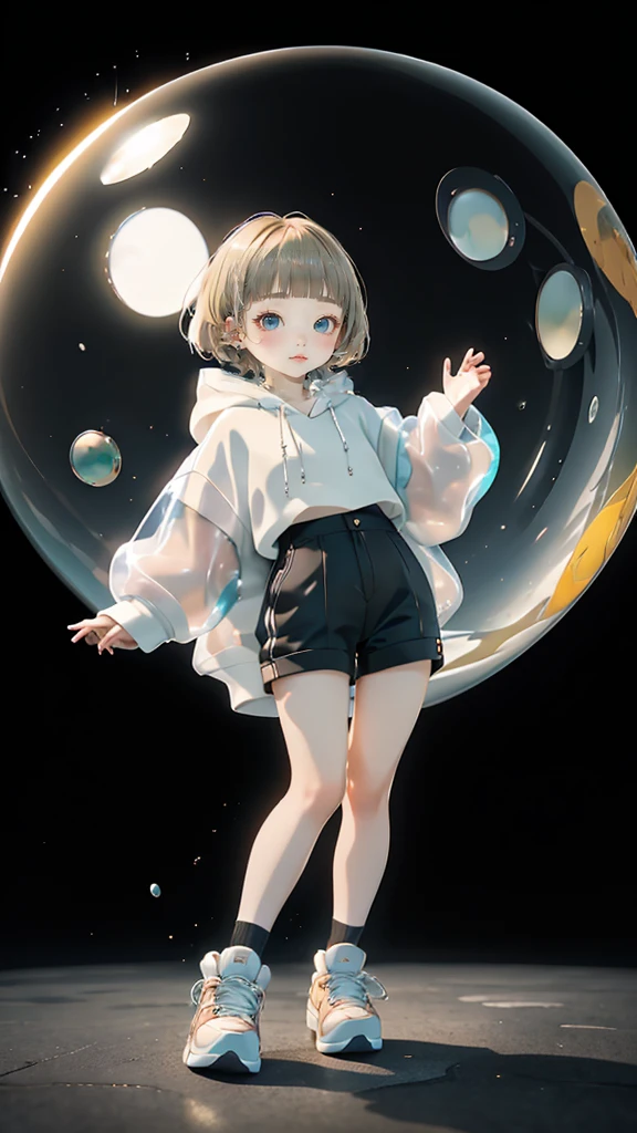 Sleeveless、posing in a dynamic pose、No sleeves、delicate、detailed、high quality、high resolution、４K、high quality、Short Mash Hair、Short Hair、Blonde Hair Color、Turquoise Eyes、White hoodie、Black hot pants、Black sneakers、 high quality、超detailedな、(1 girl in:1.3)、internal、girl，Chairman Type，small, Inflated， See-through, Complex architecture、Lush garden、Designing Peace and Spirituality。Designed with a fisheye effect image that captures a wide field of view with a unique curved viewing angle。Panoramic cityscape、Dramatic Skyline、breather、A sophisticated space with a rooftop view
