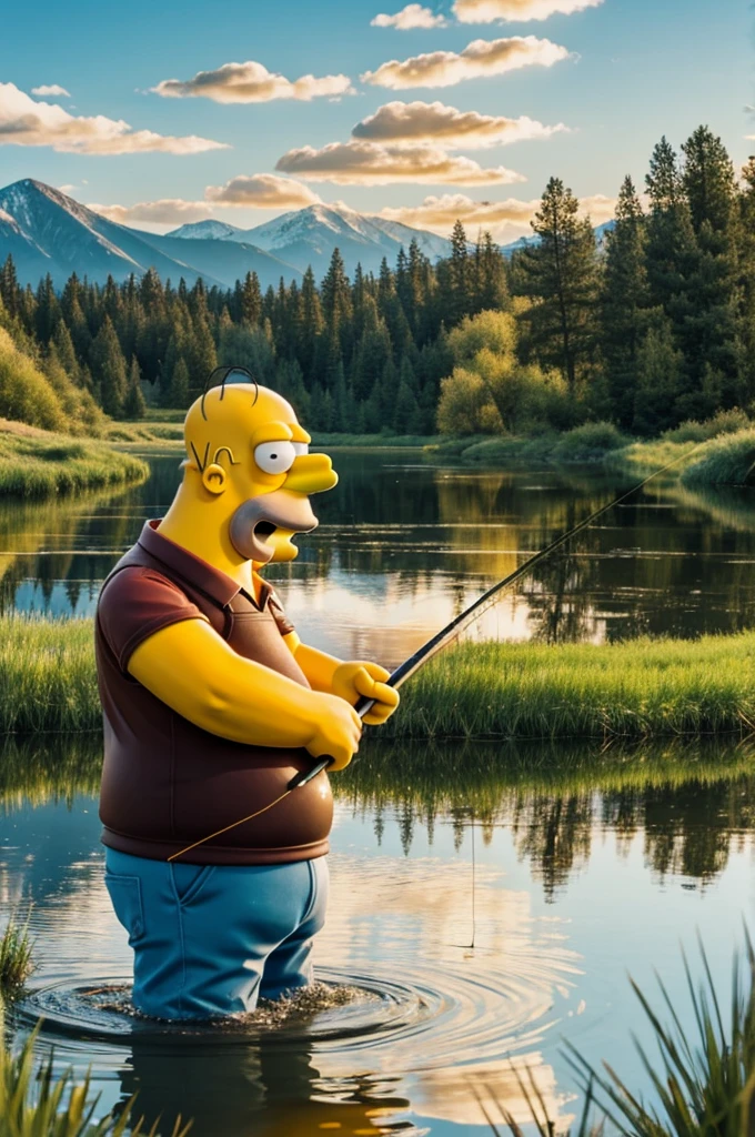 Homer Simpson fishing in a lake 