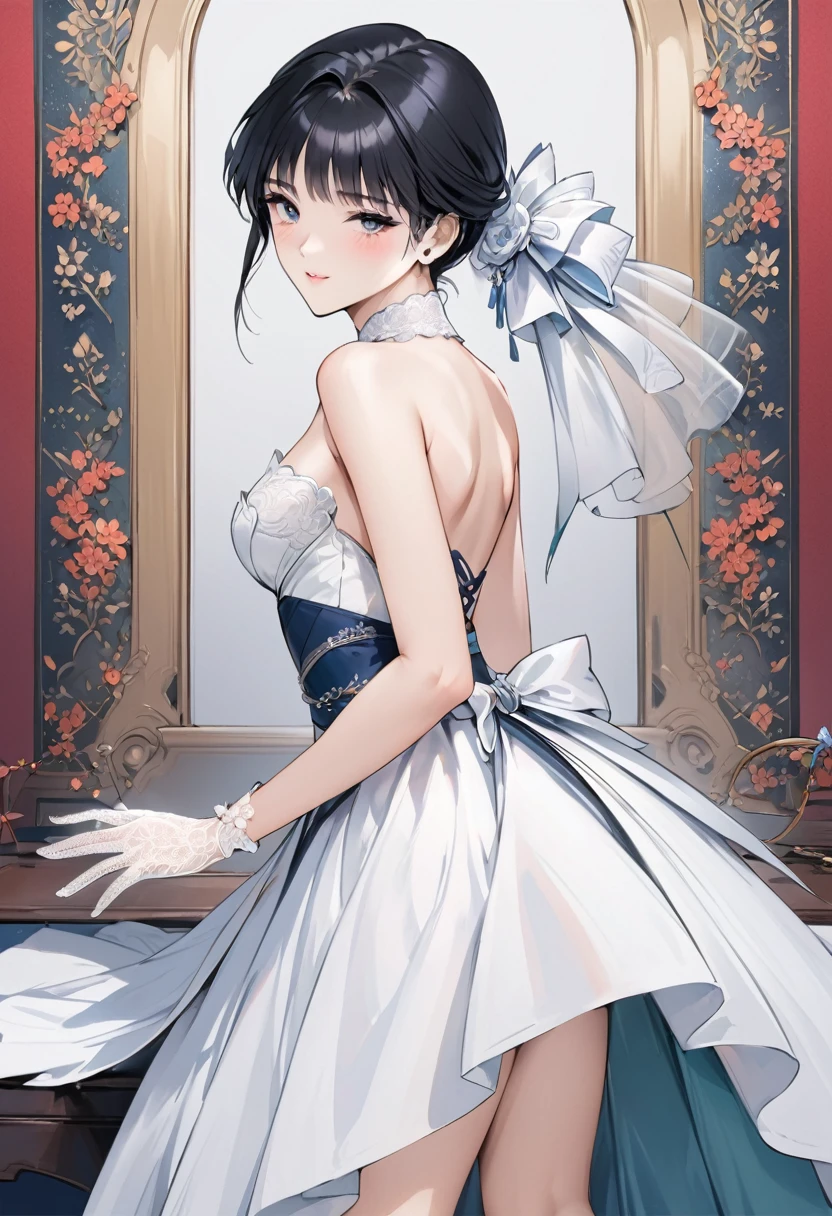 ((Top quality, masterpiece, freak, super resolution)), 1 girl, Japanese model,,Smooth black hair,Short bomb hair,((Long transparent lace gloves)),An elegant high-low wedding gown with a strapless sweetheart neckline, featuring a fitted bodice embellished with detailed lace appliqués and subtle beadwork. The bodice is adorned with floral patterns, providing a delicate and romantic look. The skirt is crafted from layers of tulle in a high-low design, which adds volume and movement to the dress. The front of the skirt is designed to show off the bride's legs, while the back extends into a beautiful train. A ribbon sash at the waist highlights the bride's silhouette, making this dress ideal for a bride who desires a mix of traditional elegance and modern flair.
