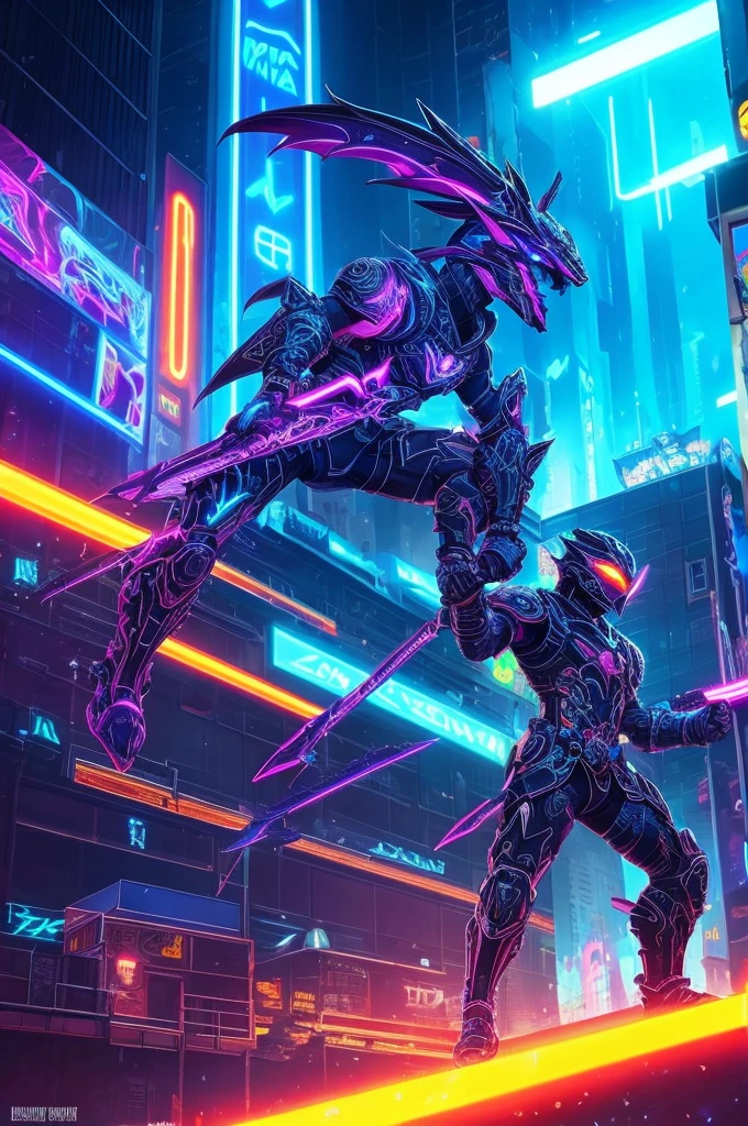 A mythical urso ninja stands poised in a neon-lit, dystopian metropolis, rendered in stunning 4K resolution, blending ancient legend with futuristic cyberpunk flair. The ninja's ornate, high-tech armor glows with a mesmerizing iridescent sheen, as intricate circuitry and glowing accents dance across the metallic surface. The dragon's scales shimmer in hues of indigo, violet, and electric blue, while neon accents pulse in fiery oranges and greens, casting an otherworldly glow across the surrounding urban landscape, exuding a sense of cutting-edge, cinematic grandeur.
