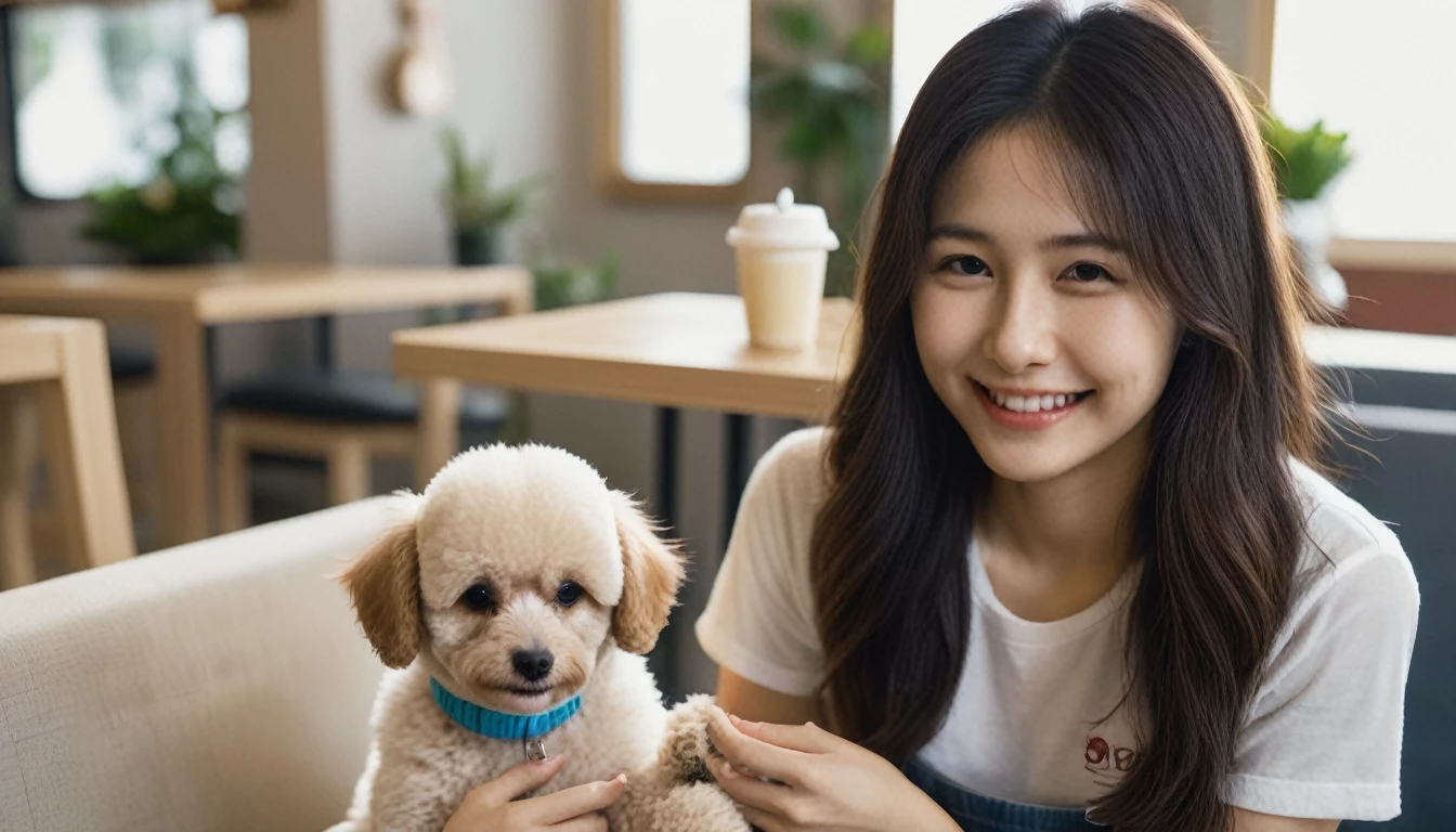 Interior of a cozy dog cafe. A young Asian woman in her 20s sitting with a toy poodle on her lap. The woman has long dark hair and wears casual clothing (e.g., a simple t-shirt and jeans). She is gently petting the poodle and smiling warmly. Soft natural lighting emphasizes the warm atmosphere. Close-up shot focusing on the woman and dog interaction, showing their bond.