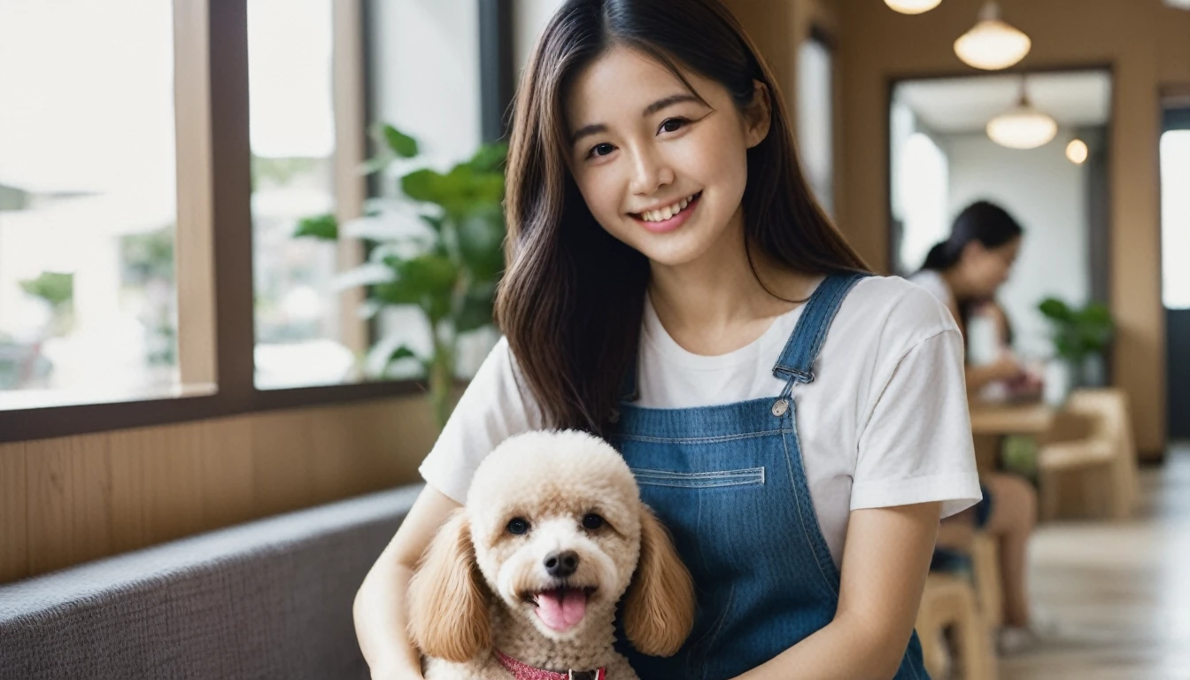 Interior of a cozy dog cafe. A young Asian woman in her 20s sitting with a toy poodle on her lap. The woman has long dark hair and wears casual clothing (e.g., a simple t-shirt and jeans). She is gently petting the poodle and smiling warmly. Soft natural lighting emphasizes the warm atmosphere. Close-up shot focusing on the woman and dog interaction, showing their bond.