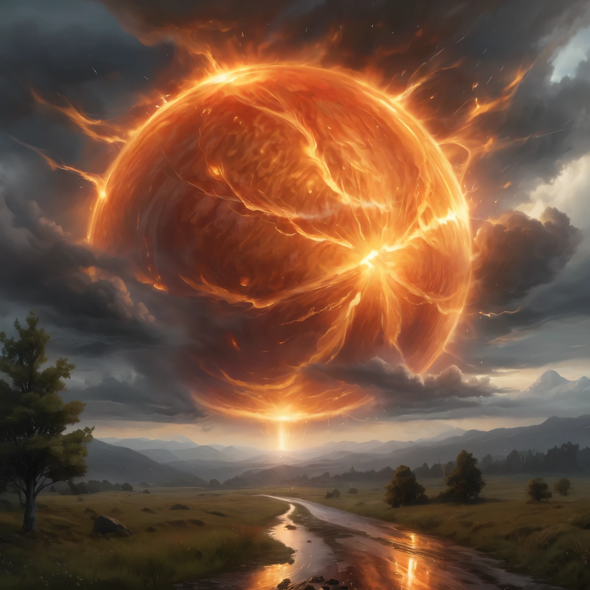 A hyper-realistic depiction of the fiery sphere in the sky and landscape, with meticulous attention to detail and lifelike textures. The fiery rain appears almost photographic.