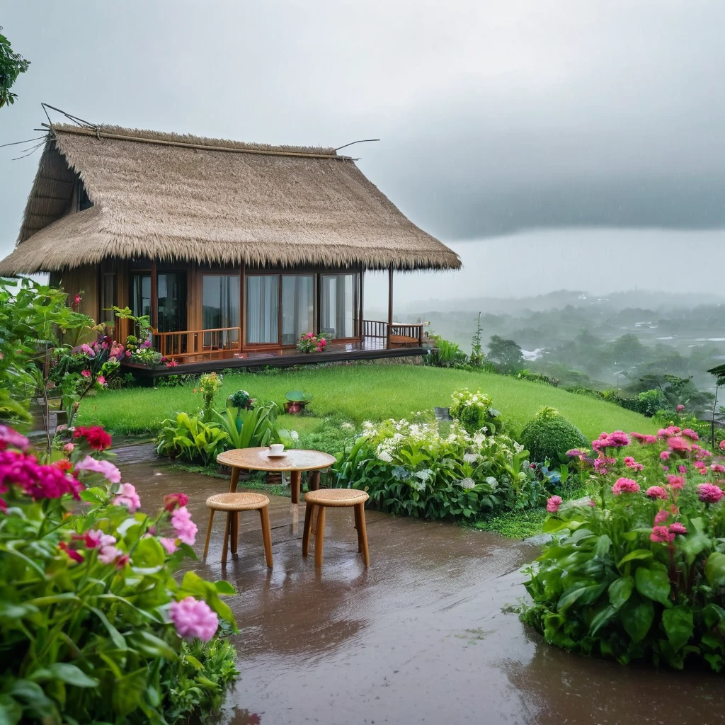 view from far, cottage, the sacred symbol of nature, A straw house on the hill (stilt house). A coffee table and chairs in front of the house, garden around the house with flowers. scenery, a rainy day.