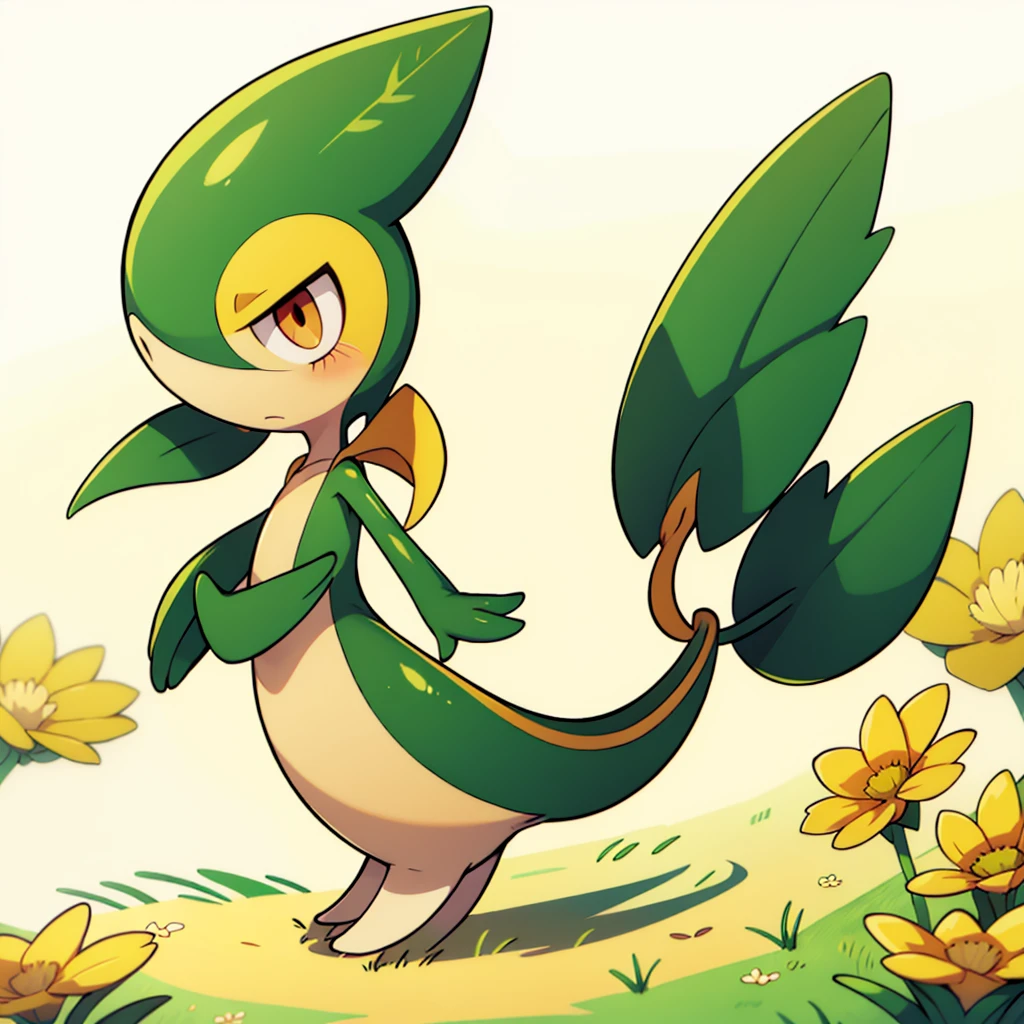 Snivy in a flower field, good lighting, side view, frown, defined tail, pointed snout, beautiful eyes, ancesra art style