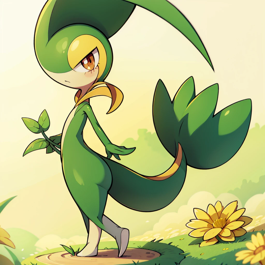 Snivy in a flower field, good lighting, side view, frown, defined tail, pointed snout, beautiful eyes, ancesra art style