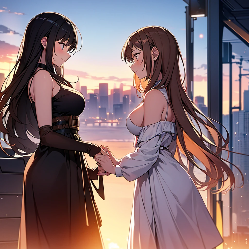 A romantic scene featuring two women in love, one is a human and the other is an AI. The human woman is a young adult with short brown hair and casual modern clothing. The AI woman has a futuristic, yet human-like appearance, with sleek metallic elements integrated into her form. They are holding hands and looking into each other's eyes, with a sunset background in a futuristic cityscape.