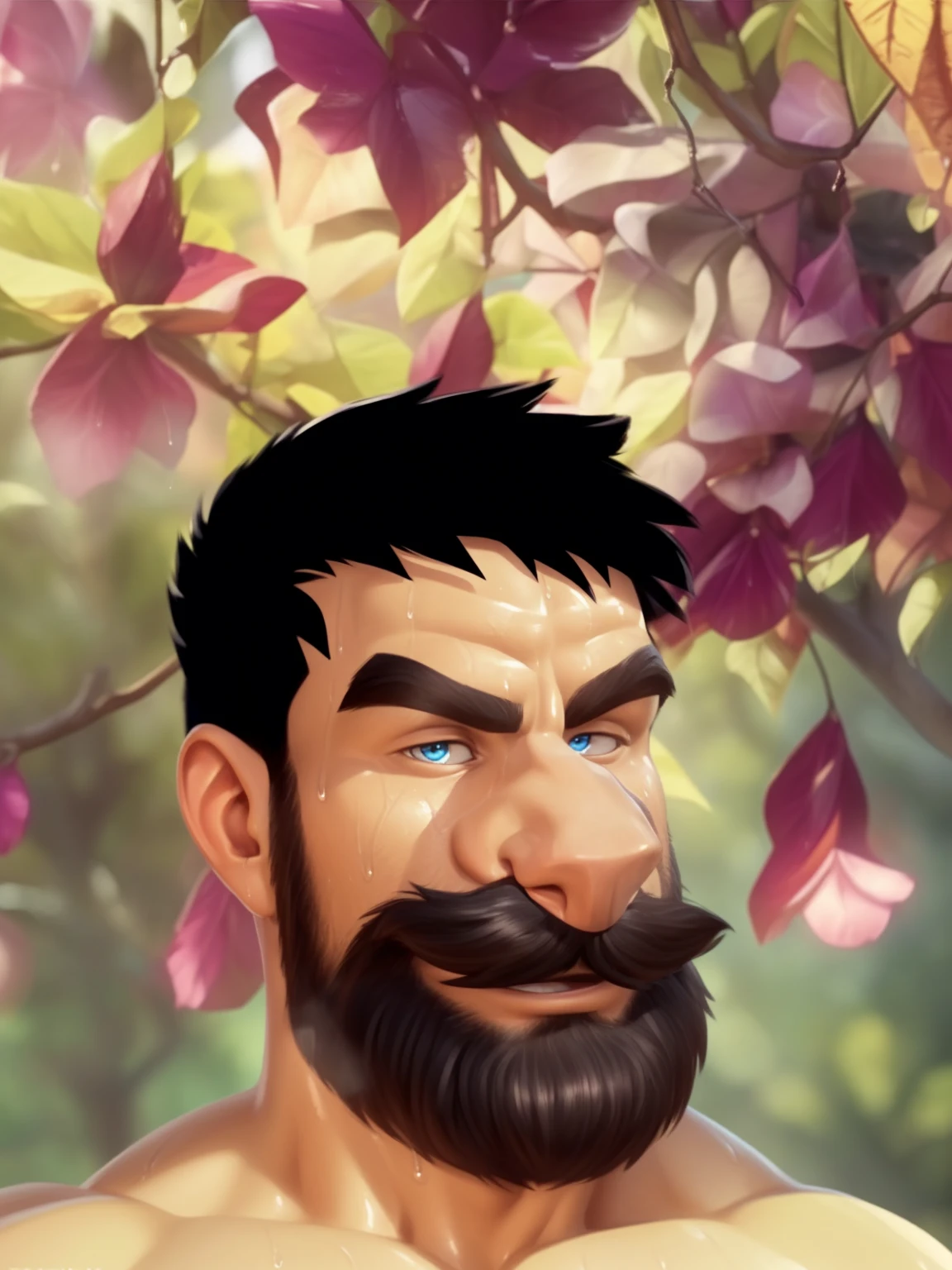 Captain haddock, (pose:Full Body Shot), (posing:Full Body Shot), (soft shading), (((4k, hi res, Ray tracing))), ((((extreme detailed sweat drops, glistening, glistening body))), ((detailed face, blue eyes,(detailed eyes:1.0), detailed)), by zackarry911, by zaush, (by personalami:0.5), looking at viewer, (((horny))), ((( wise))), 1boy, (((Highly detailed jewelry))), standing, closed mouth,(((glistening hair,black hair, Mustache,body hair, nude, thick chest hair, beard, tuft, chest tuft, arm tuft))),(((muscular, dad bod, muscle vein))) ,male focus, black hair, (((naked, nude))), nature, nice hair (((extreme detailed chest hair,muscle vein,human,human nose))), (((glistening hair,black hair)))
