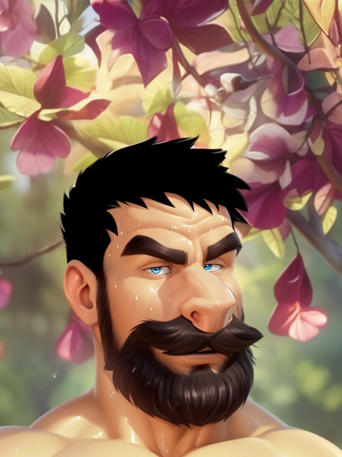 Captain haddock, (pose:Full Body Shot), (posing:Full Body Shot), (soft shading), (((4k, hi res, Ray tracing))), ((((extreme detailed sweat drops, glistening, glistening body))), ((detailed face, blue eyes,(detailed eyes:1.0), detailed)), by zackarry911, by zaush, (by personalami:0.5), looking at viewer, (((horny))), ((( wise))), 1boy, (((Highly detailed jewelry))), standing, closed mouth,(((glistening hair,black hair, Mustache,body hair, nude, thick chest hair, beard, tuft, chest tuft, arm tuft))),(((muscular, dad bod, muscle vein))) ,male focus, black hair, (((naked, nude))), nature, nice hair (((extreme detailed chest hair,muscle vein,human,human nose))), (((glistening hair,black hair)))