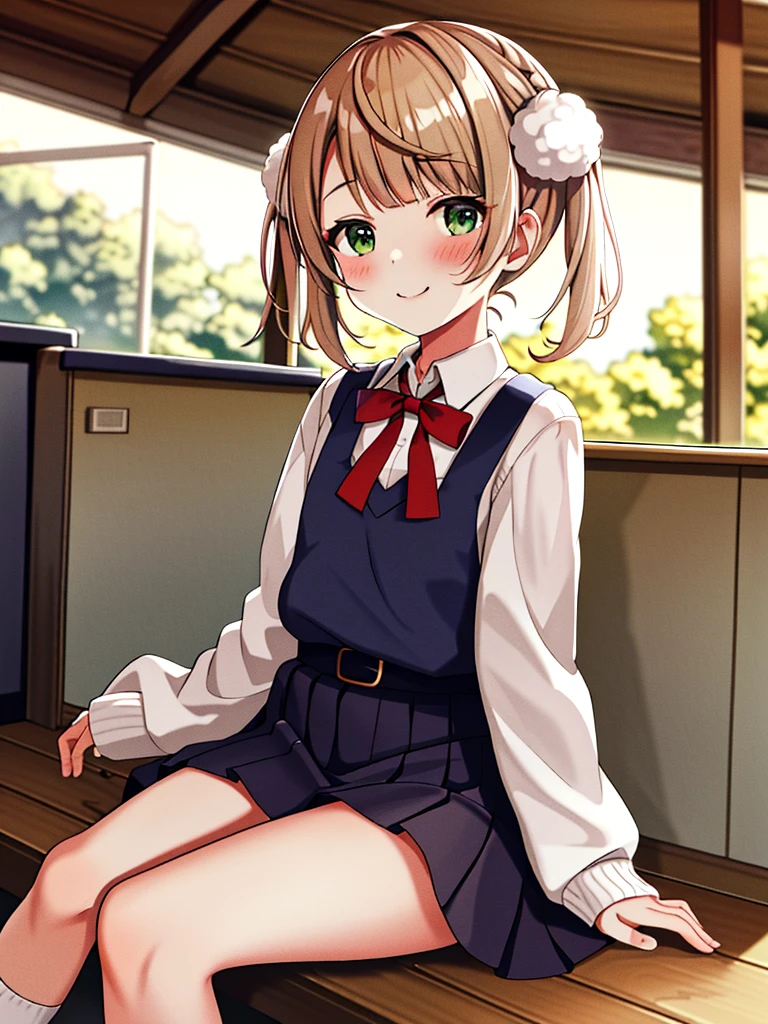 masterpiece, Highest quality, High resolution, ui3, 8Year old girl, alone, Green Eyes, Pom-pom \(Clothes\), Apron dress, White shirt, White socks,Jumper skirt、 Long sleeve, Dilapidated, short hair, belt, Red bow tie, bangs, 青いClothes, Collared shirt, Cowboy Shot、orgasm,blush、Put a condom in your mouth、 Sweat,White panties、Pull up your skirt with your hands、Sit on the outdoor air conditioning unit、A defiant smile