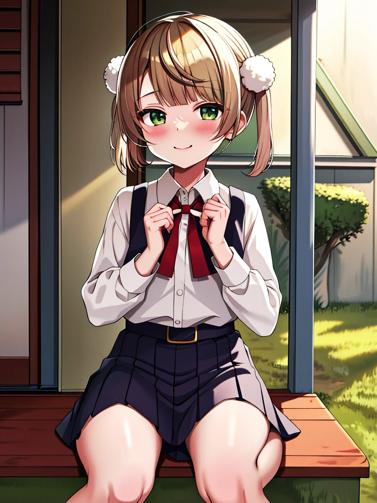 masterpiece, Highest quality, High resolution, ui3, ８Year old girl, alone, Green Eyes, Pom-pom \(Clothes\), Apron dress, White shirt, White socks,Jumper skirt、 Long sleeve, Dilapidated, short hair, belt, Red bow tie, bangs, 青いClothes, Collared shirt, Cowboy Shot、orgasm,blush、Put a condom in your mouth、 Sweat,White panties、Pull up your skirt with your hands、Sit on the outdoor air conditioning unit、A defiant smile