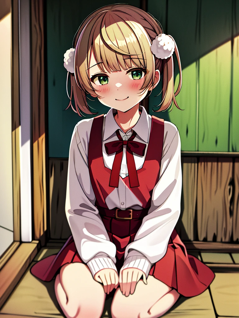 masterpiece, Highest quality, High resolution, ui3, 8Year old girl, alone, Green Eyes, Pom-pom \(Clothes\), Apron dress, White shirt, White socks,Jumper skirt、 Long sleeve, Dilapidated, short hair, belt, Red bow tie, bangs, 青いClothes, Collared shirt, Cowboy Shot、orgasm,blush、Put a condom in your mouth、 Sweat,White panties、Pull up your skirt with your hands、Sit on the outdoor air conditioning unit、A defiant smile
