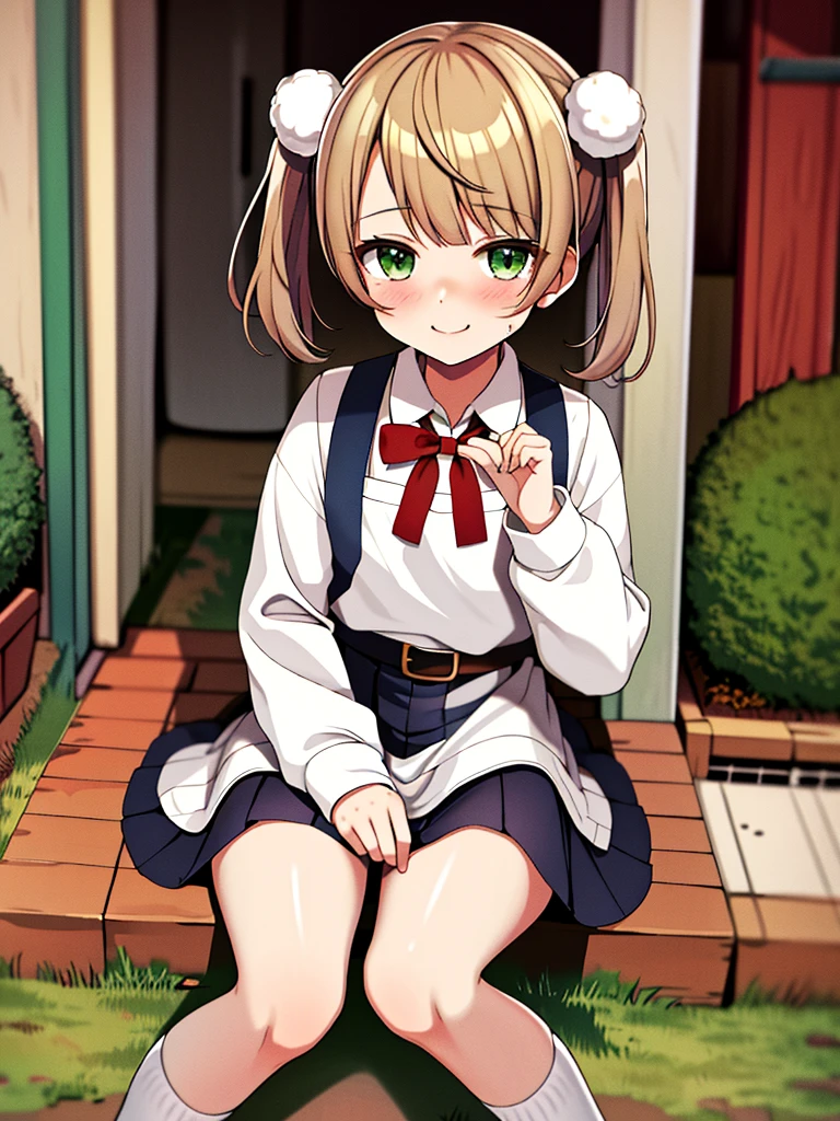 masterpiece, Highest quality, High resolution, ui3, ８Year old girl, alone, Green Eyes, Pom-pom \(Clothes\), Apron dress, White shirt, White socks,Jumper skirt、 Long sleeve, Dilapidated, short hair, belt, Red bow tie, bangs, 青いClothes, Collared shirt, Cowboy Shot、??????,blush、Put a ?????? in your mouth、 Sweat,White panties、Pull up your skirt with your hands、Sit on the outdoor air conditioning unit、A defiant smile