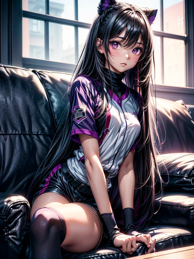 (masterpiece)(8k)(cute)(18-year old girl)(1girl:1.5)(solo:1.8)(long, straight hair:1.5)(black hair:1.3)(skinny build:1.4)(flat chest:1.6)(purple pupils:1.4)(glossy skin:1.4)(glossy lips)(baseball jersey:1.6)(gym shorts:1.3)(knee high socks:1.4)(cute expression:1.4)(happy:1.4)(sitting on couch:1.5) rossdraws pastel vibrant, rossdraws cartoon vibrant, style anime 8k, beautiful portrait, artgerm colorful!!!, ! dream artgerm, beautiful anime girl, styled digital art, art wallpaper 8k, digital art, extremely detailed artgerm,