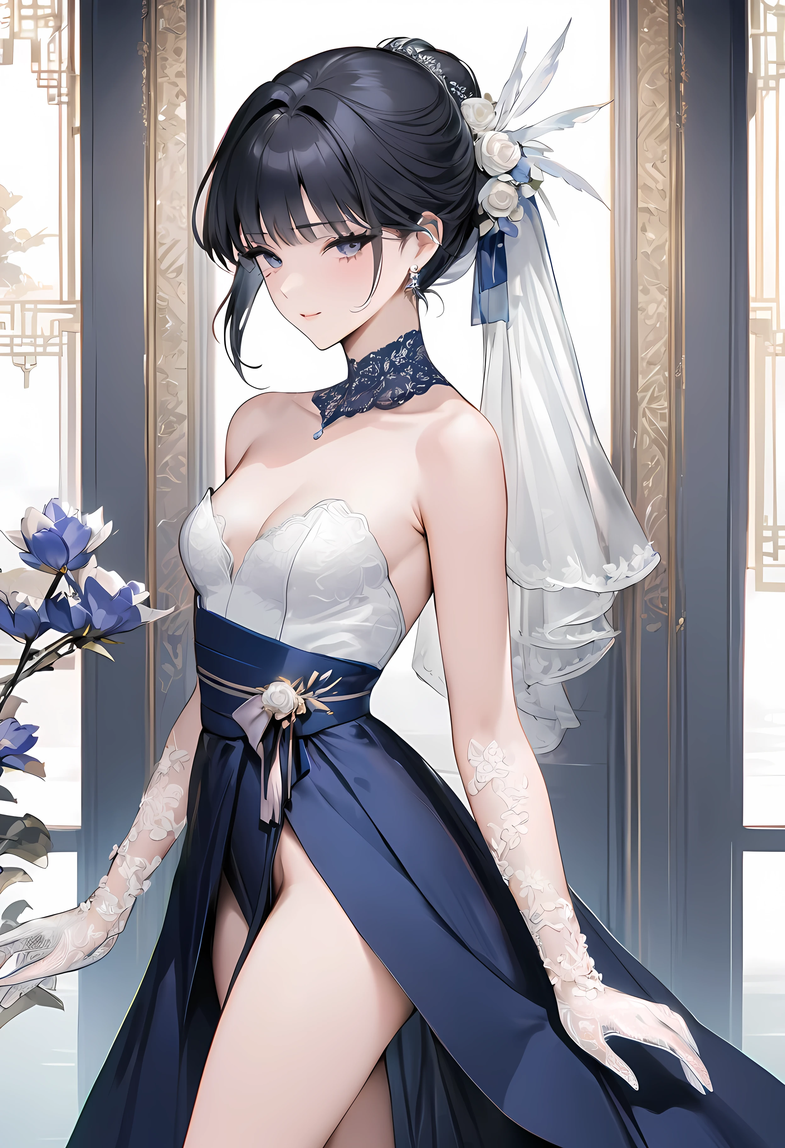 ((Top quality, masterpiece, freak, super resolution)), 1 girl, Japanese model,,Smooth black hair,Short bomb hair,((Long transparent lace gloves)),An elegant high-low wedding gown with a strapless sweetheart neckline, featuring a fitted bodice embellished with detailed lace appliqués and subtle beadwork. The bodice is adorned with floral patterns, providing a delicate and romantic look. The skirt is crafted from layers of tulle in a high-low design, which adds volume and movement to the dress. The front of the skirt is designed to show off the bride's legs, while the back extends into a beautiful train. A ribbon sash at the waist highlights the bride's silhouette, making this dress ideal for a bride who desires a mix of traditional elegance and modern flair.