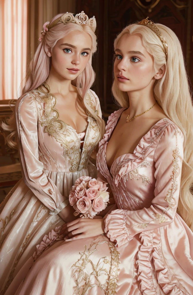 White Blonde hair, fluffy hair, stylish hair, long hair, lilac eyes, perfect eyes, beautiful, perfect face, tween, dainty , short, kind, curvy, a flowing pale airy gown with ruffles along the bottom with tiny pink flowers and gold dragon embroideries with flowers, Her tiara had a pretty teal gemstones, silver necklace, noble class, royal, royalty, red castle, feasting hall, medieval, elegant surroundings, soft dewy makeup look, light peach blush, soft tan eyeshadow, light coral lipstick, cutesy, girlish, girly, guileless, ingénue, princess , whimsical lighting, Targaryen, dragons in the sky, photorealistic
