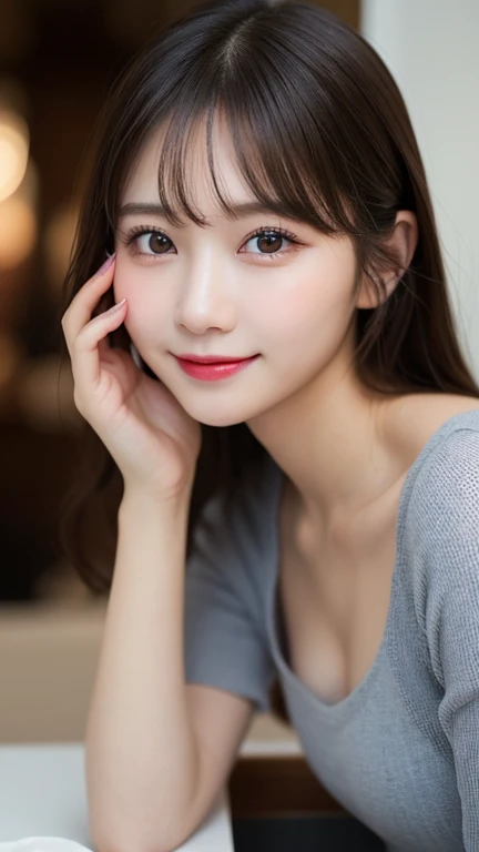 Tabletop, Highest quality, shape, Very detailed, finely, High resolution, 8k wallpaper, 完璧なダイナミックな構shape, Beautiful and exquisite,ランダムなcute髪,,Natural color lip, Bold sexy pose,smile、20-year-old girl、cute、Looking into the camera,Always blur the background,Perfect and beautiful face,Slim face and figure,Big eyes、Putting on gal makeup,Small face,Shooting from below、smile,Blurred Background,Elegant feminine face、Cyberpunk Fashion、smile