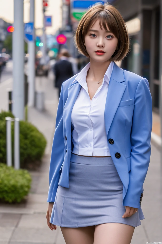 a 18 year old face of the most beautiful actress in the world, the perfect body proportions of a female, worn blazer is closed and buttoned on formal shirt which is covering upper body with it's large breasts of a female directly, panties between bare legs are seen just a little thanks to suit skirt is too short, thighs, standing, at city street, nsfw, best quality, highly detailed, masterpiece, ultra high res, photo realistic, 8k, short hair cut above the ears
