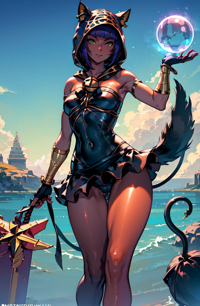 Masterpiece, best quality, absurdres, 1girl, beautiful legs, menat_holiday, crystal ball, light smile, dark skin, Green eyes, egyptian, bob cut, red dress, (black hood), black gloves,(shiny thighs),, tail, bell, bare shoulders,sexy thighs,close up,(((beautiful leg))),solo,panty shot,evil smile,stretching