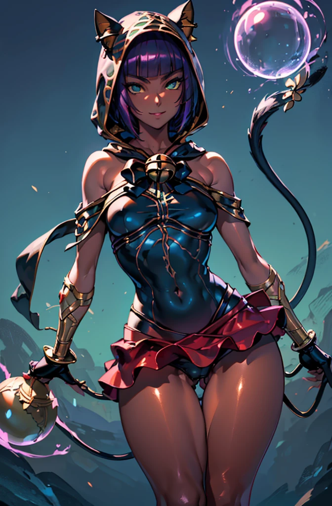 Masterpiece, best quality, absurdres, 1girl, beautiful legs, menat_holiday, crystal ball, light smile, dark skin, Green eyes, egyptian, bob cut, red dress, (black hood), black gloves,(shiny thighs),, tail, bell,  shoulders,sexy thighs,close up,(((beautiful leg))),solo, shot,evil smile,stretching