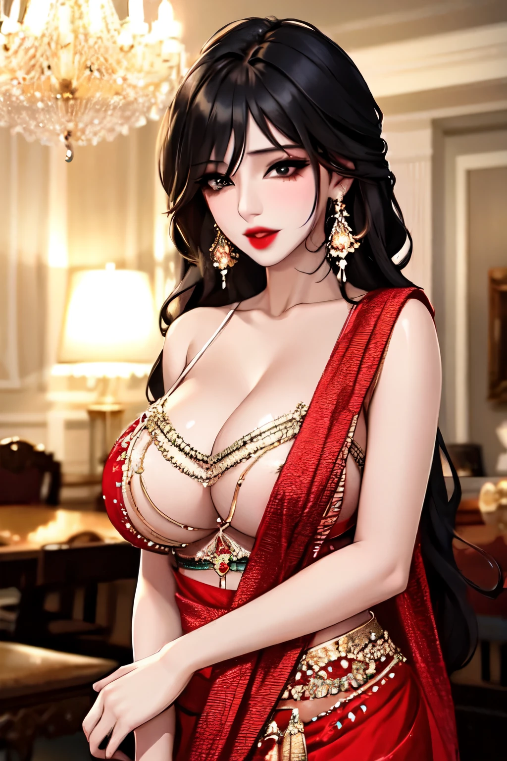 
 hot  beautiful  milf ,long black hair,  hair  between eyes, big long chandelier  earrings , red lipstick ,perfect body , detailed black eyes, big breasts,  Cleavage ,saree,heels