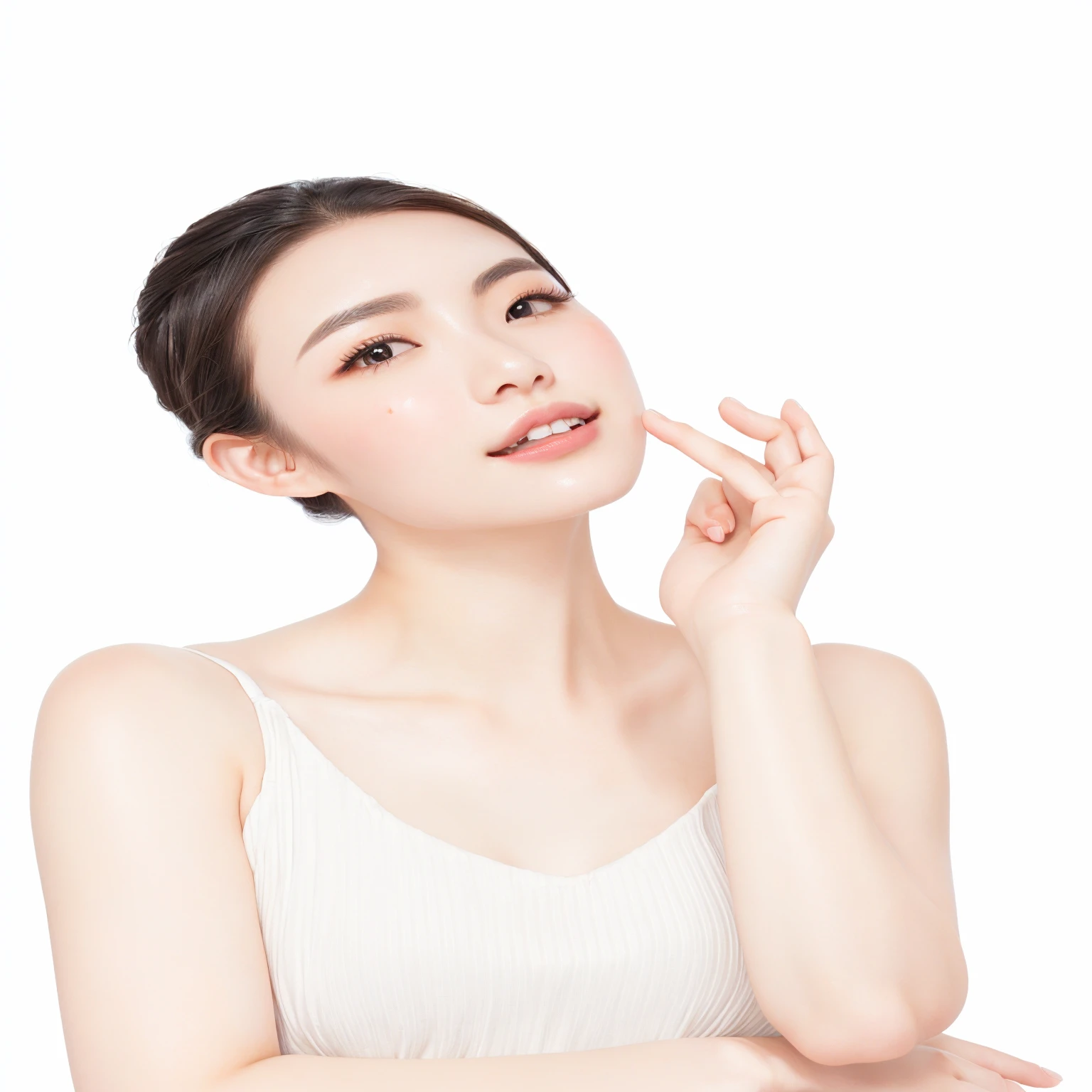 There is a woman holding a toothbrush,Look up, A woman with porcelain skin, beautiful young Korean woman, gorgeous young Korean woman, Young and cute Korean face, Korean woman, beautiful south Korean woman, a Young Asian woman, Smooth porcelain skin, Young Asian woman, Korean facial features, Pointed chin, Smooth and radiant skin, Young beautiful woman, beautiful Young Asian woman