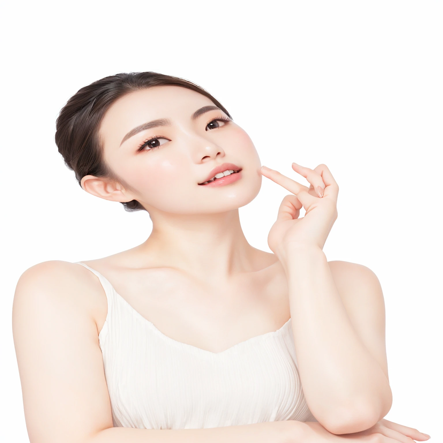 There is a woman holding a toothbrush,Look up, A woman with porcelain skin, beautiful young Korean woman, gorgeous young Korean woman, Young and cute Korean face, Korean woman, beautiful south Korean woman, a Young Asian woman, Smooth porcelain skin, Young Asian woman, Korean facial features, Pointed chin, Smooth and radiant skin, Young beautiful woman, beautiful Young Asian woman
