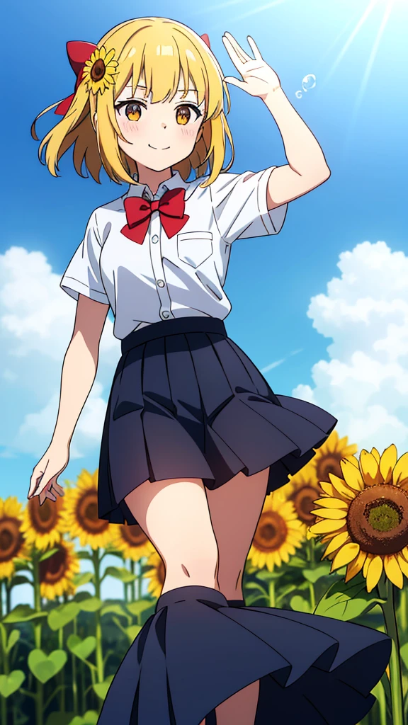 1girl, twin turbo \(umamusume\), sunflower, solo, flower, skirt, outdoors, shirt, sky, , bow, cloud, white shirt, pleated skirt, red bow, bowtie, short sleeves, day, red bowtie, collared shirt, standing, bangs, blue sky, black skirt, yellow flower, blush, heterochromia, (bubble), waving, waving arm, arm behind back, closed mouth, smile,