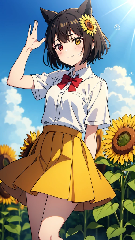 1girl, twin turbo \(umamusume\), sunflower, solo, flower, skirt, outdoors, shirt, sky, , bow, cloud, white shirt, pleated skirt, red bow, bowtie, short sleeves, day, red bowtie, collared shirt, standing, bangs, blue sky, black skirt, yellow flower, blush, heterochromia, (bubble), waving, waving arm, arm behind back, closed mouth, smile,