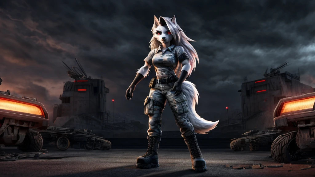 Loona from Helluva Boss, female white wolf, anthro, white hair, grey eyes, white camo military shirt, cargo white camo military pants, black boots, nanites, tendrils, injured but regenerating, powerful, glowing red eyes, omnious, standing, detailed, solo, beautiful, high quality, 4K