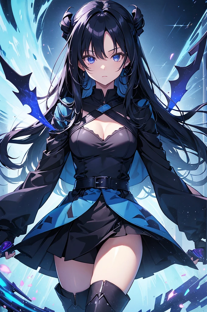 (high quality,High resolution,Textured skin,high quality,Caution about scars,Precise CG unification,gameCG),(One adult woman),Are standing,black semi-long hair,blue-flame,