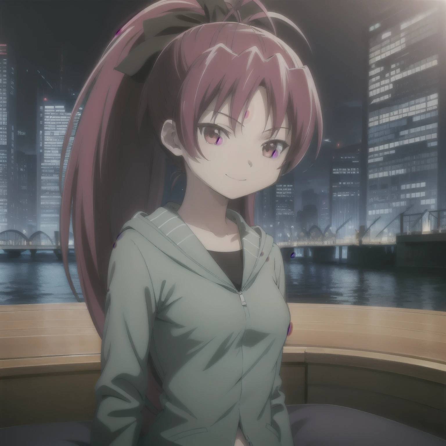 ((masterpiece)),(best quality),official art,extremely detailed CG,unity 8k wallpaper,ultra detailed,beautiful detailed eyes,extremely detailed face,city,1girl,solo,upper body,looking at viewer,facing viewer,smile,antenna hair,long_hair,red_hair,hair_bow,high_ponytail,sidelocks,bangs,red_eyes,light green hoodie,small breasts,denim_shorts,fur-trimmed shorts,boots,black footwear,