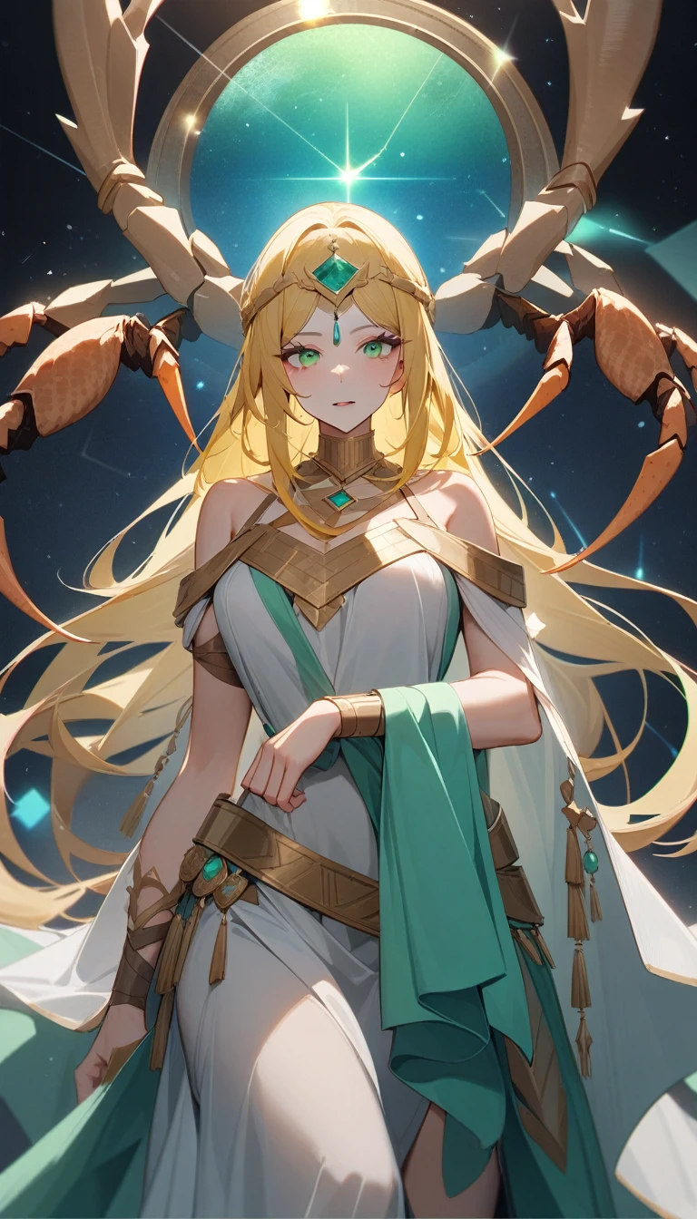 (Huang Li、high quality、Extremely detailed),Constellation - Scorpio Goddess,Huge scorpion,Woman stroking a scorpion,Similar to Latin goodness,brave,capricious,Productivity,The face of enterprising and humanitarianism,Long yellow hair,Ancient Greek costumes、Wrap Dress,Conservative clothing,The background is the universe,Crystal green eyes(Eyes Details),Powerful appearance, Correct anatomy