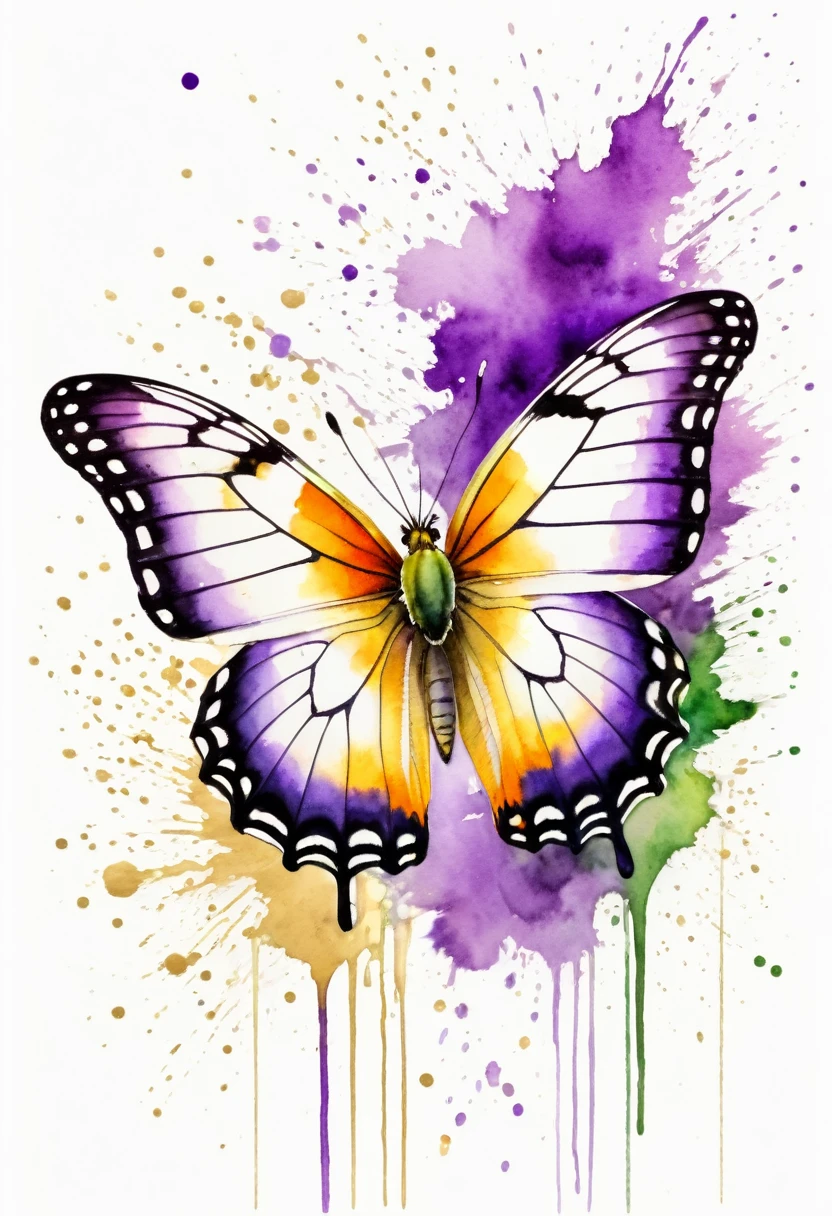 watercolor paint of a butterfly details of colors purple gold and green watercolor splash behind ,white background