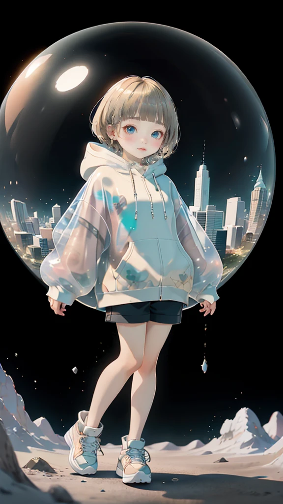 Shoulders and arms are exposed、Sleeveless、posing in a dynamic pose、No sleeves、delicate、detailed、high quality、high resolution、4K、high quality、Short Mash Hair、Short Hair、Blonde Hair Color、Turquoise Eyes、White hoodie、Black hot pants、Black sneakers、 high quality、超detailedな、(1 girl in:1.3)、internal、girl,Chairman Type,small, Inflated, See-through, Complex architecture、Lush garden、Designing Peace and Spirituality。Designed with a fisheye effect image that captures a wide field of view with a unique curved viewing angle。Panoramic cityscape、Dramatic Skyline、breather、A sophisticated space with a rooftop view