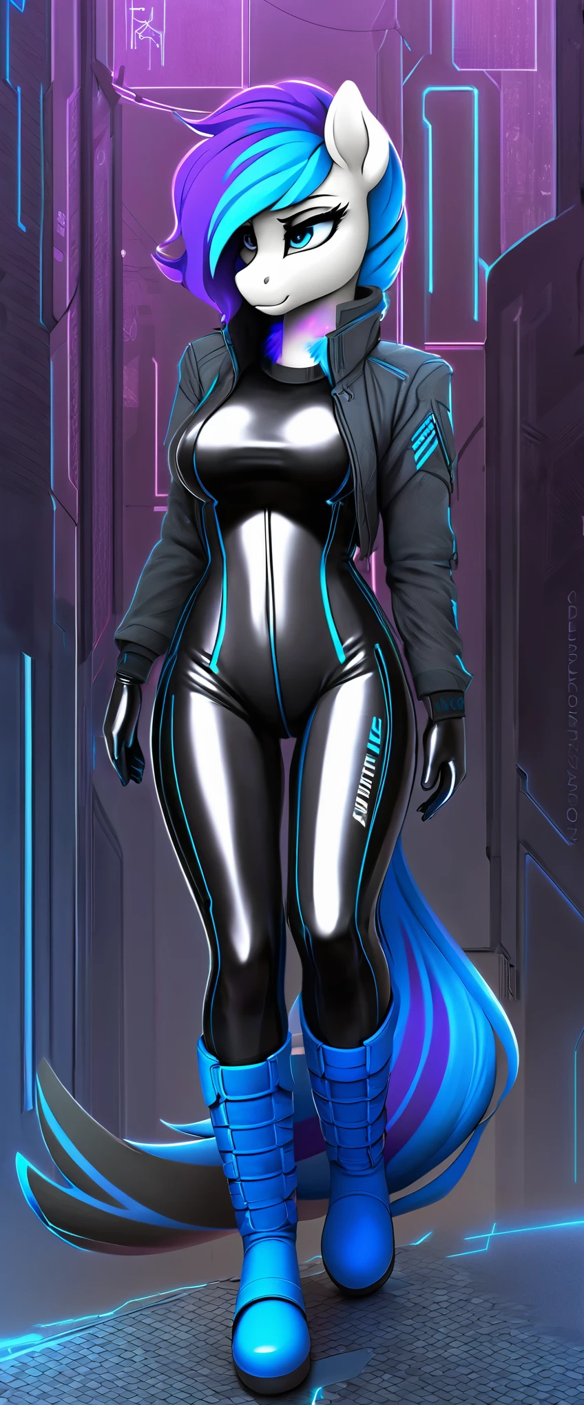 a ((full body)) cartoon picture of an anthropomorphic, android (((pony:0.9))), cyberpunk style, (((shiny latex cyberpunk neck-entry full bodysuit:1.5))), (((techwear jacket on top:0.9))), (((calf-high boots))), generic MLP style, professional drawing, female anthro pony, medium breasts, ((frowning)), (((semi realistic cream white fur))), (((detailed eyes:1.0))), electric blue colored cyberpunk mane and tail with violet tips.