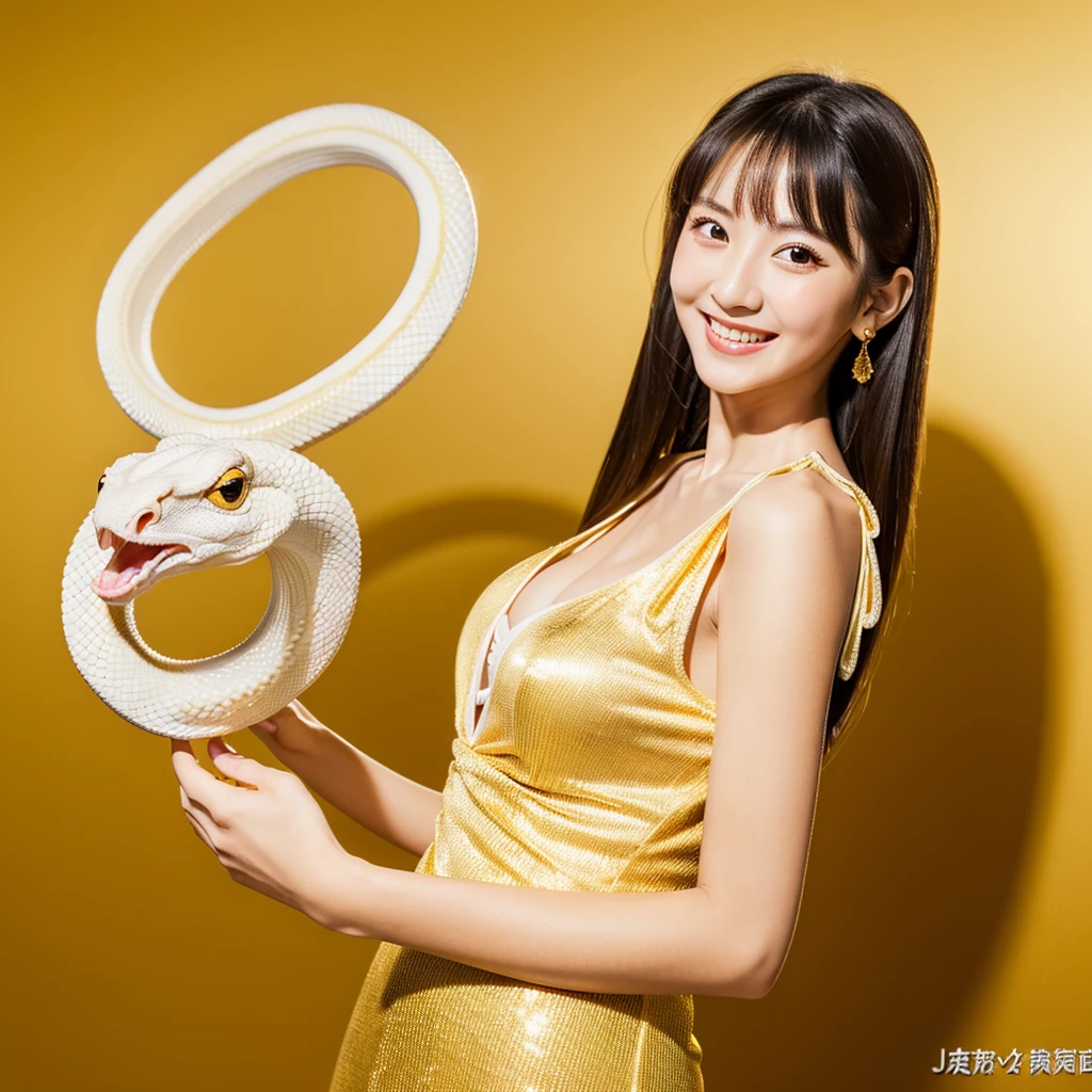  Looking straight ahead and smiling, Holding a large white snake in both hands, Gold Background, Ultra HD、128ｋ、Masterpiece、One Girl、Japanese Model,  clavicle, RAW Photo、Big-eyed girl in a red dress、Long face, Professional Lighting、Perfect number of hands and fingers