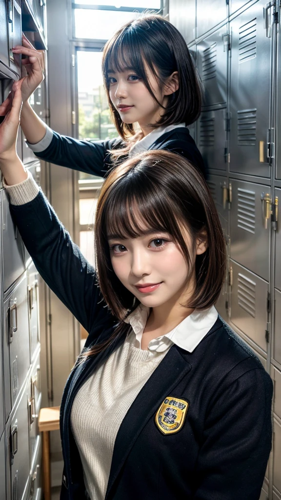 masterpiece, best quality, illustration, Super detailed, fine details, High resolution, 8K,wall paper, perfect dynamic composition,(Details High quality, realistic depiction of eyes:1.3), Upper body, front view, locker room、Leaning against a locker, Raise your arms above your head., High school girl uniform、blazer 、Colossal tits、Disturbed uniform, short bob hair, black hair color, Big Natural Color Lip, crying a little、Harajuku style、20 year old girl, little smile