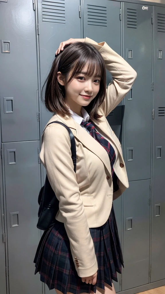 masterpiece, best quality, illustration, Super detailed, fine details, High resolution, 8K,wall paper, perfect dynamic composition,(Details High quality, realistic depiction of eyes:1.3), Upper body, front view, locker room、Leaning against a locker, Raise your arms above your head., High school girl uniform、blazer 、Colossal tits、Disturbed uniform,  short bob hair, black hair color, Big Natural Color Lip, crying a little、Harajuku style、20 year old girl, little smile