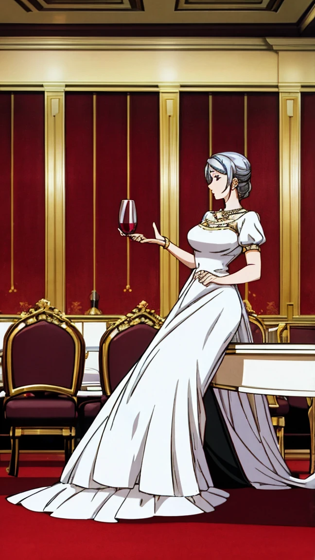 A modern-day illustration of a woman holding a wine glass with her pinky finger raised. The scene includes an elegant dining table set with fine china, silverware, and a beautifully decorated background. The woman is dressed in formal attire and the overall ambiance is sophisticated and classy. The image is in a 9:16 aspect ratio.