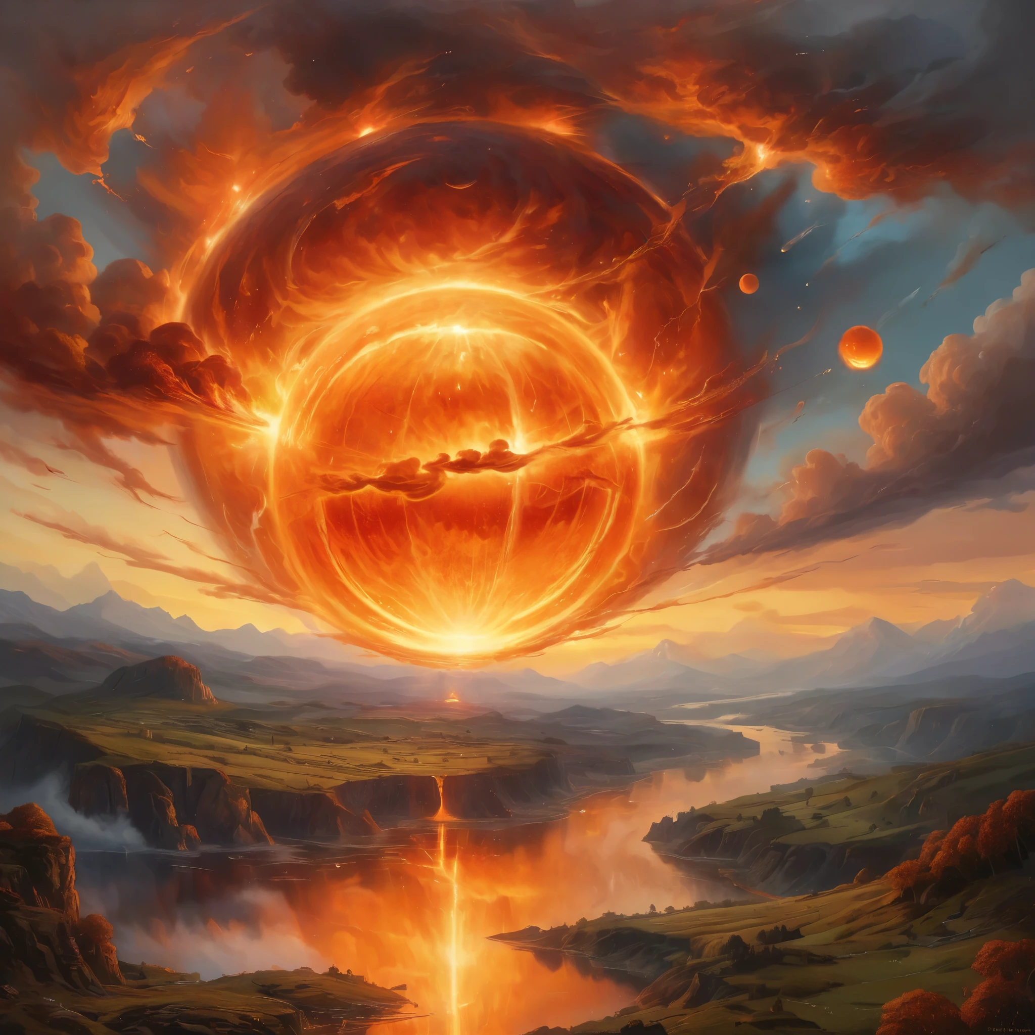 A dramatic, emotional depiction of the fiery sphere in the sky and landscape, with emphasis on the sublime and awe-inspiring aspects of nature.