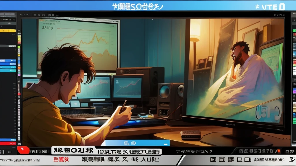 (Digital Painting)、(Highest quality)、Man crying in front of monitor、One man goes crazy、Lament、The monitor only shows exchange rate charts、There is a monitor and a man in the room、Japanese people々々Break down in tears、Brown skinned beauty、Foreign Exchange、exchange、Ukiyo-e art style、Hokusai&#39;s inspiration、Popular deviant art、8K Ultra Real、Pastel color scheme、Soft lighting、despair