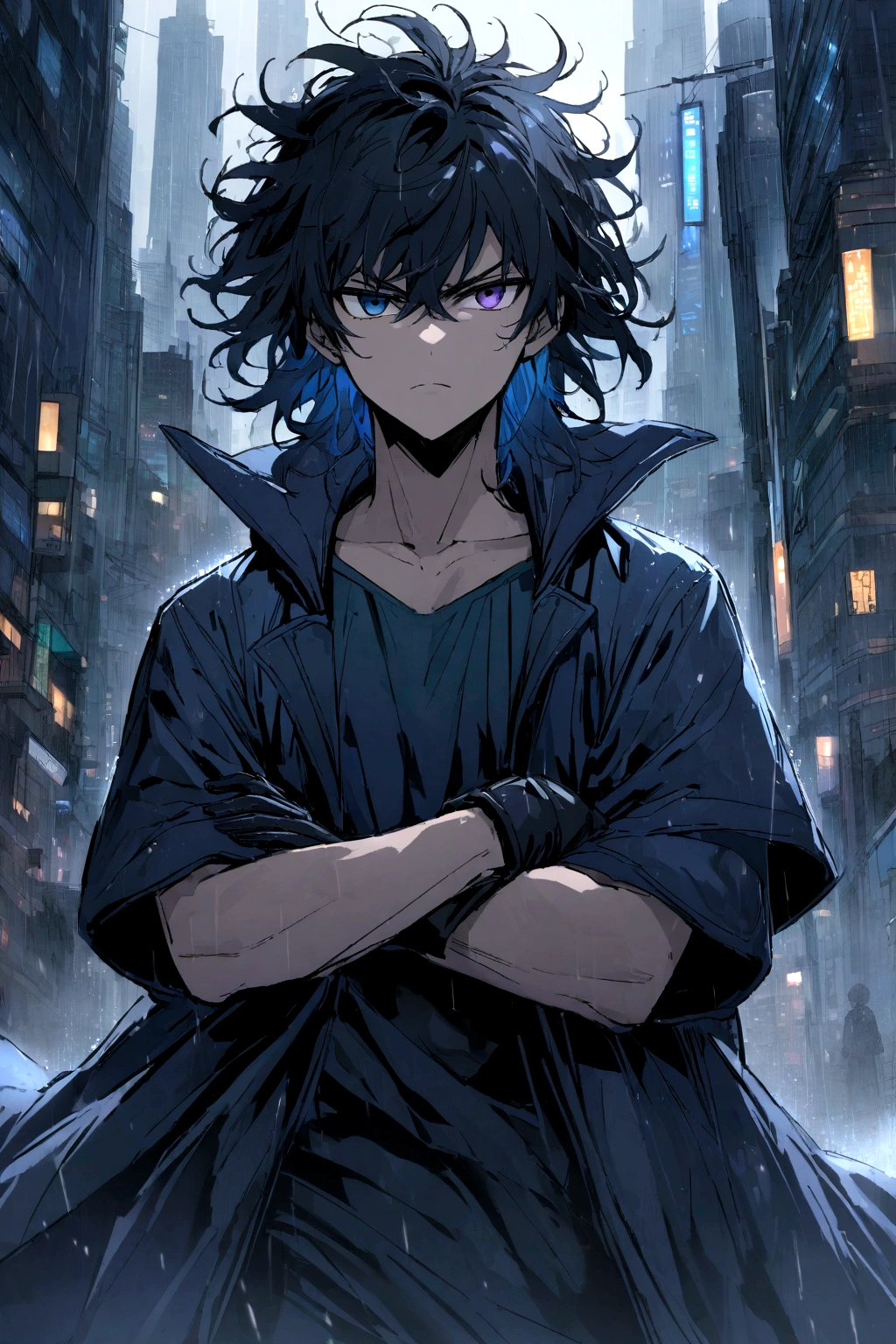 age boy, Messy hair, Medium length hair, black hair with blue highlights, bright black and dark blue eyes heterochromia, serious face, dark blue shirt, baggy black short-sleeved overcoat, black gloves, crossed arms, scenery in a rainy city with skyscrapers