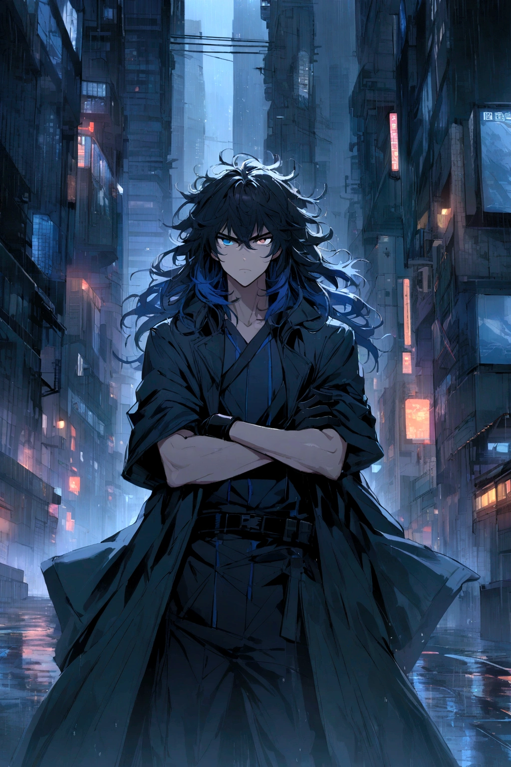 Teenage boy, Messy hair, Medium length hair, black hair with blue highlights, bright black and dark blue eyes heterochromia, serious face, dark blue shirt, baggy black short-sleeved overcoat, black gloves, crossed arms, scenery in a rainy city with skyscrapers