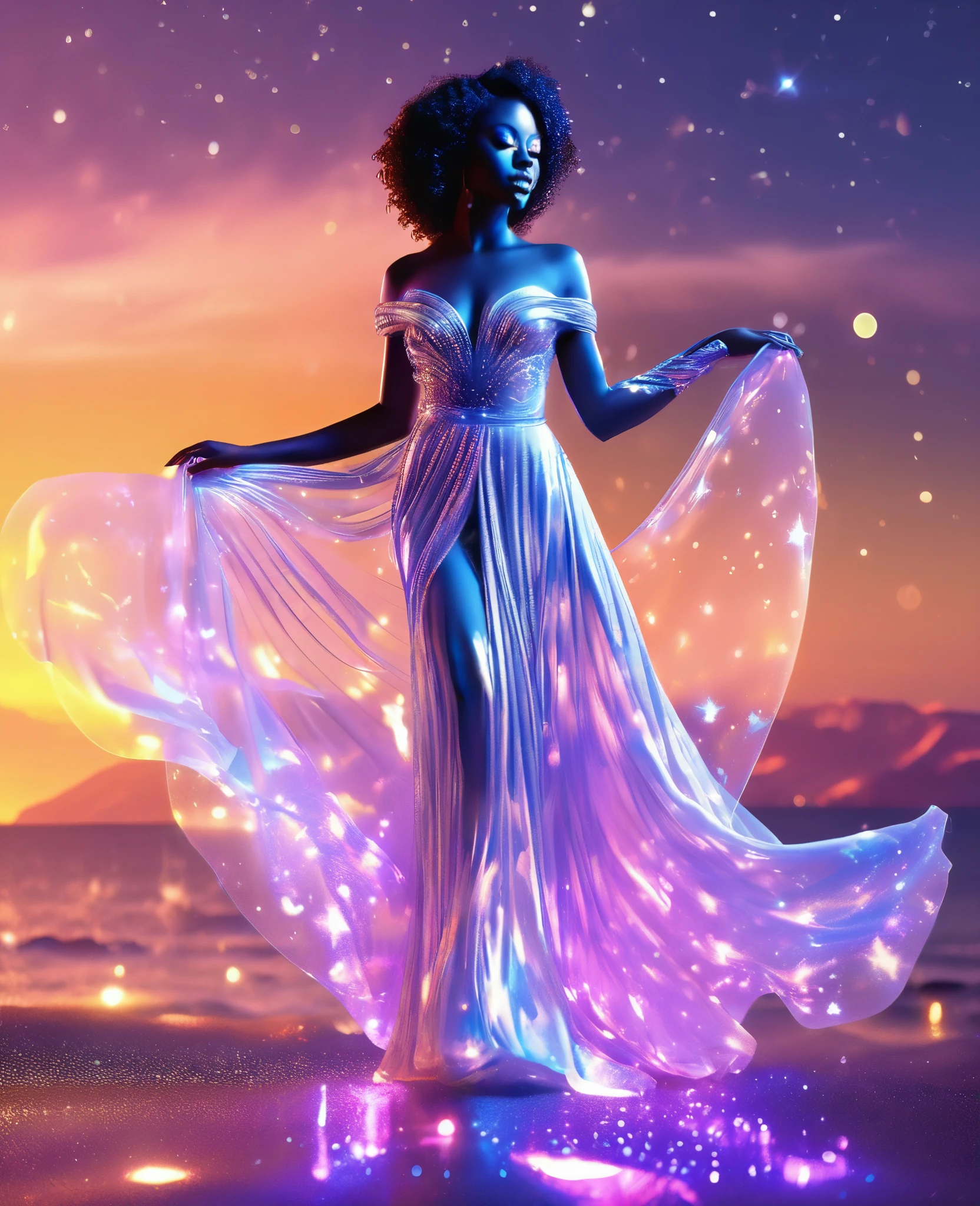 A woman in a dress standing on a beach with a glowing light - SeaArt AI